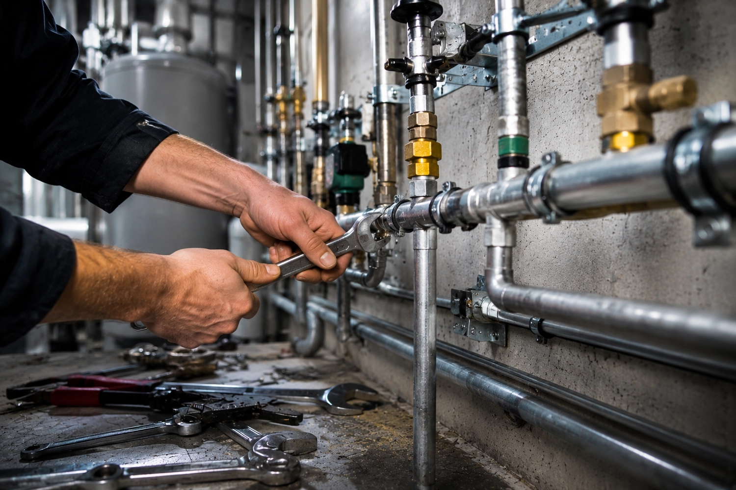 Zaiat SHK – Sanitär-, Heizungs-, Klima- und Lüftungstechnik – Sanitärwerkzeuge, Rohre und Fittings, auf einer Matte in einem modernen Badezimmer mit Badewanne und Warmwasserbereiter im Hintergrund ausgelegt.