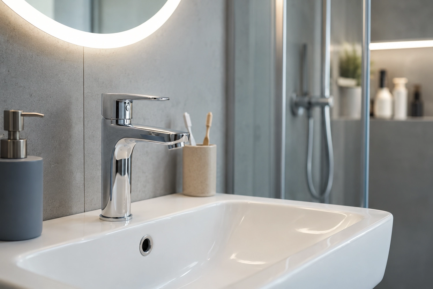 Zaiat SHK – Sanitär-, Heizungs-, Klima- und Lüftungstechnik – Ein modernes Waschbecken mit verchromter Armatur, einem rundem Spiegel mit LED-Beleuchtung und Toilettenartikeln; im Hintergrund ist eine Glasduschkabine zu sehen.
