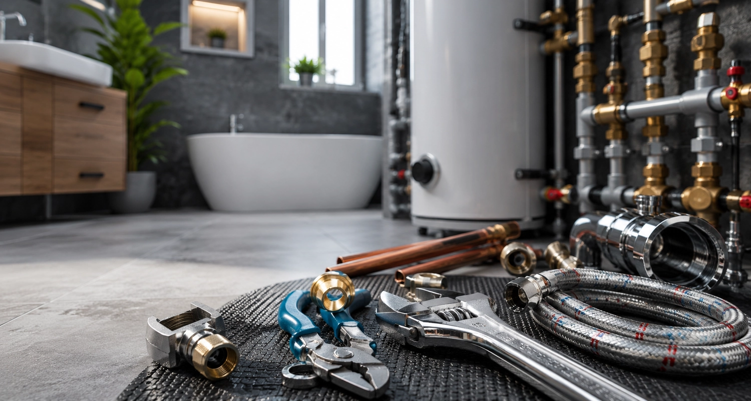 Zaiat SHK – Sanitär-, Heizungs-, Klima- und Lüftungstechnik – Sanitärwerkzeuge, Rohre und Fittings, auf einer Matte in einem modernen Badezimmer mit Badewanne und Warmwasserbereiter im Hintergrund ausgelegt.