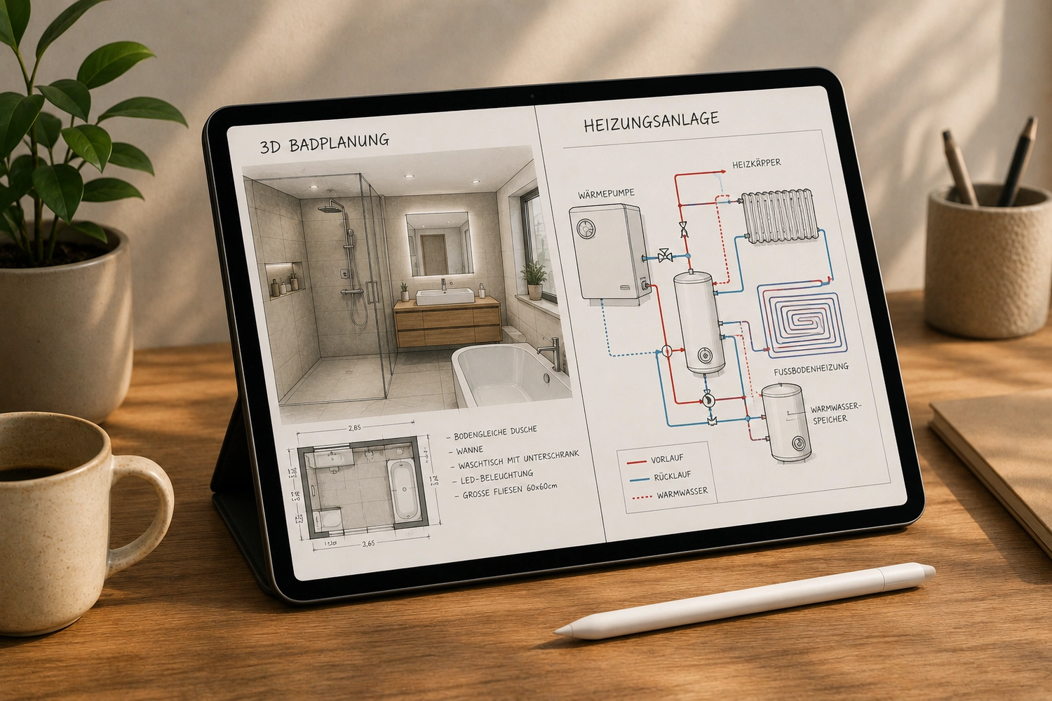 Zaiat SHK – Sanitär-, Heizungs-, Klima- und Lüftungstechnik – Auf einem Tablet auf einem Schreibtisch werden deutsche Badplanungsentwürfe angezeigt, darunter ein 3D-Grundriss, ein Heizungsschema und ein Abflussplan.