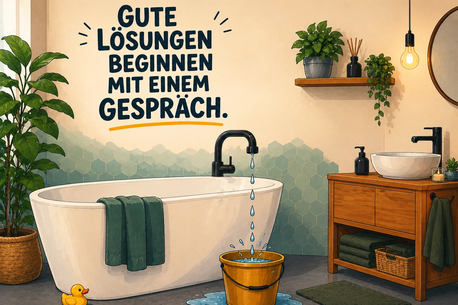 Zaiat SHK – Sanitär-, Heizungs-, Klima- und Lüftungstechnik – Ein gemütlich gestaltetes Badezimmer mit einer tropfenden Badewannenarmatur, deren Wasser in einen gelben Eimer läuft, Pflanzen, einem Waschtisch aus Holz und dem deutschen Schriftzug „GUTE LÖSUNGEN BEGINNEN MIT EINEM GESPRÄCH“ an der Wand.