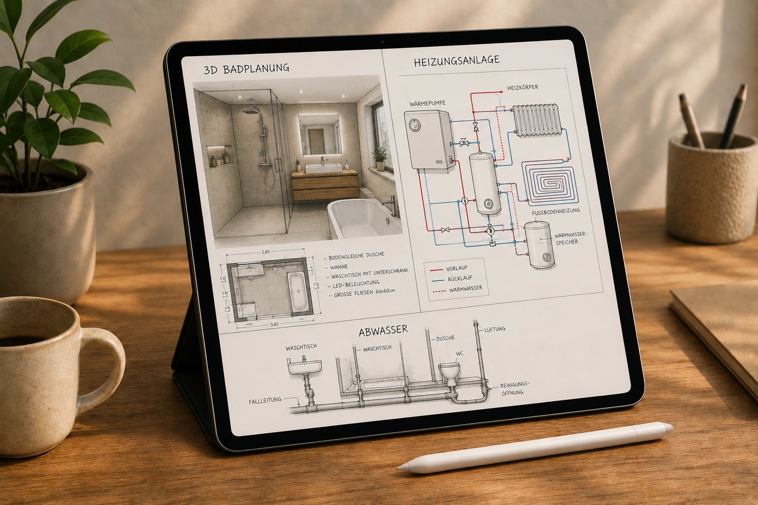 Zaiat SHK – Sanitär-, Heizungs-, Klima- und Lüftungstechnik – Auf einem Tablet auf einem Schreibtisch werden deutsche Badplanungsentwürfe angezeigt, darunter ein 3D-Grundriss, ein Heizungsschema und ein Abflussplan.