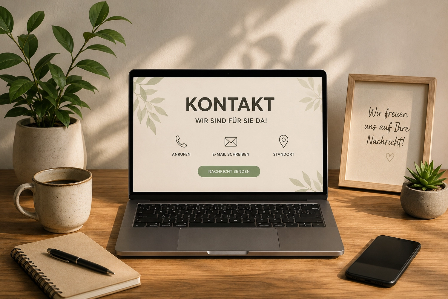 Zaiat SHK – Sanitär-, Heizungs-, Klima- und Lüftungstechnik – Ein gemütlicher Arbeitsplatz mit einem Laptop, auf dem eine deutsche „KONTAKT“-Seite zu sehen ist, einer Kaffeetasse, einem Notizbuch, einer Pflanze, einem Telefon und einem gerahmten Schild mit der Aufschrift „Wir freuen uns auf Ihre Nachricht!“