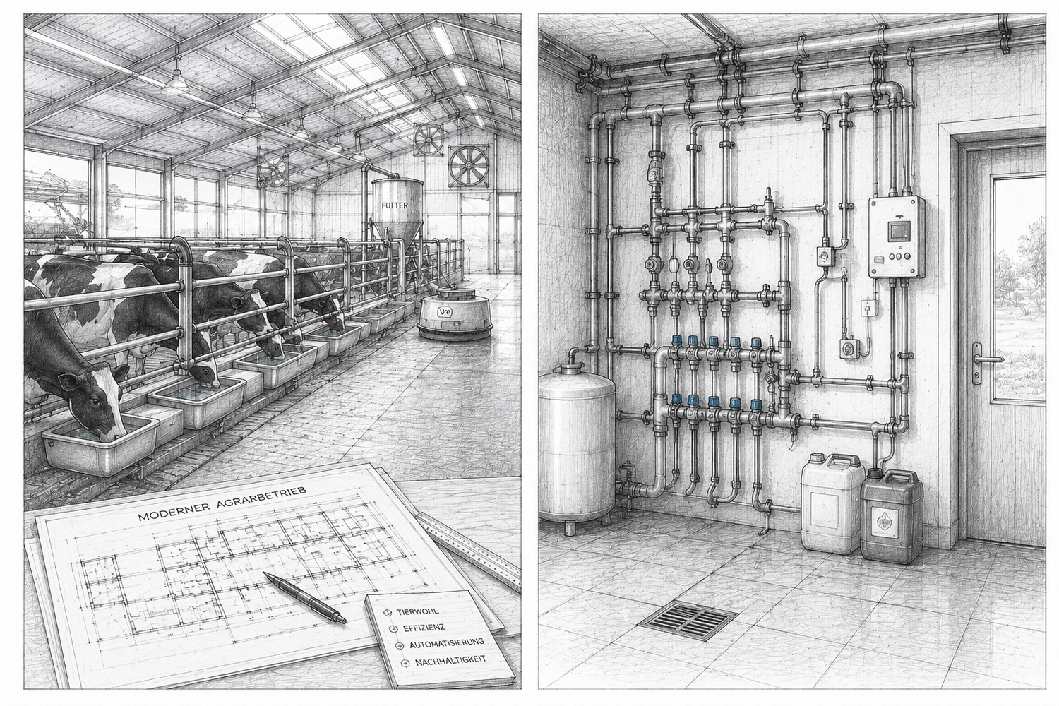 Zaiat SHK – Sanitär-, Heizungs-, Klima- und Lüftungstechnik – Eine zweigeteilte Darstellung, die einen modernen, automatisierten Milchviehstall mit Kühen auf der einen Seite und einen detaillierten Raum mit industriellen Rohr- und Ventilsystemen auf der anderen Seite zeigt.