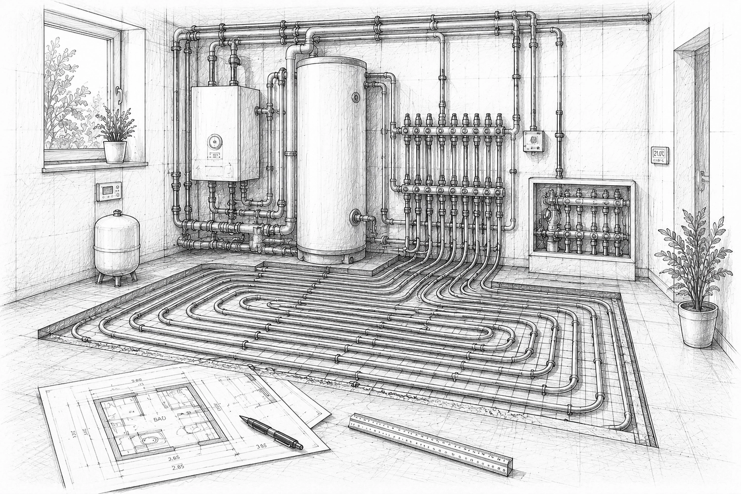 Zaiat SHK – Sanitär-, Heizungs-, Klima- und Lüftungstechnik – Eine detaillierte technische Skizze eines Heizraums, die einen Warmwasserbereiter, einen Verteiler und Fußbodenheizungsrohre zeigt, im Vordergrund liegen Blaupausen, ein Stift und ein Lineal.